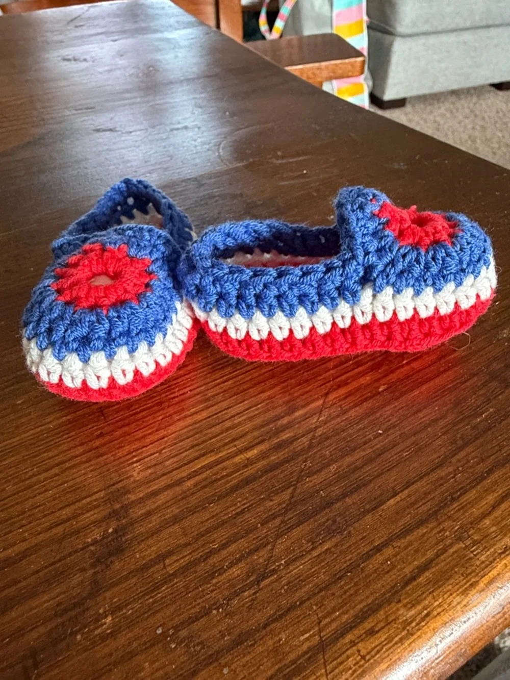 Crochet Kids Moccasins in Blue, Red & White